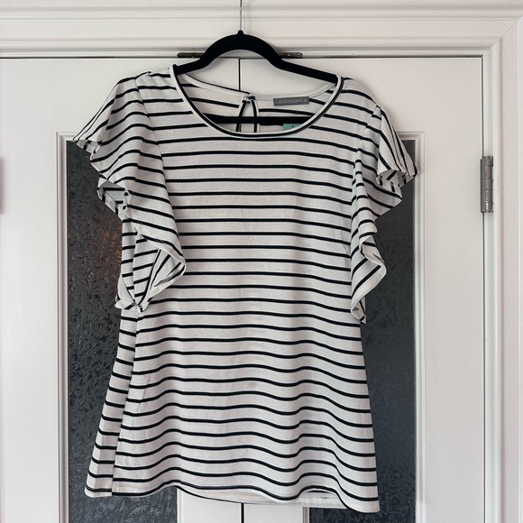 White and Black Striped Ruffle Knit Top - Picture 1 of 5
